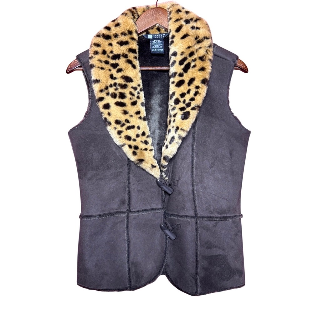 Carole Little Vest Women Small Brown Leopard Trim Faux Fur Toggle Suede